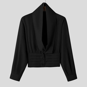 AIDASE  -  Tops 2025 Korean Style New Men's Fake Two-piece Suit Collar Casual Simple Male Solid Pleated Long Sleeved Blazers S-5XL aidase-shop